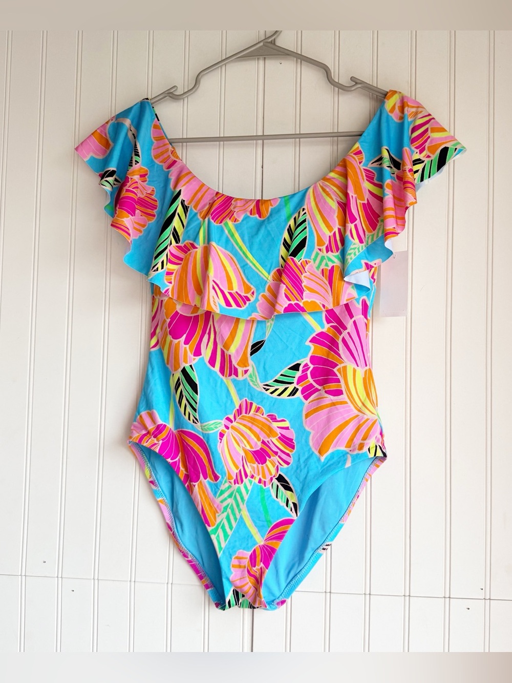 Trina Turk Size 8 POPPY OTS RUFFLE BANDEAU One Piece Swimsuit Off Shoulder NEW! - Picture 3 of 6
